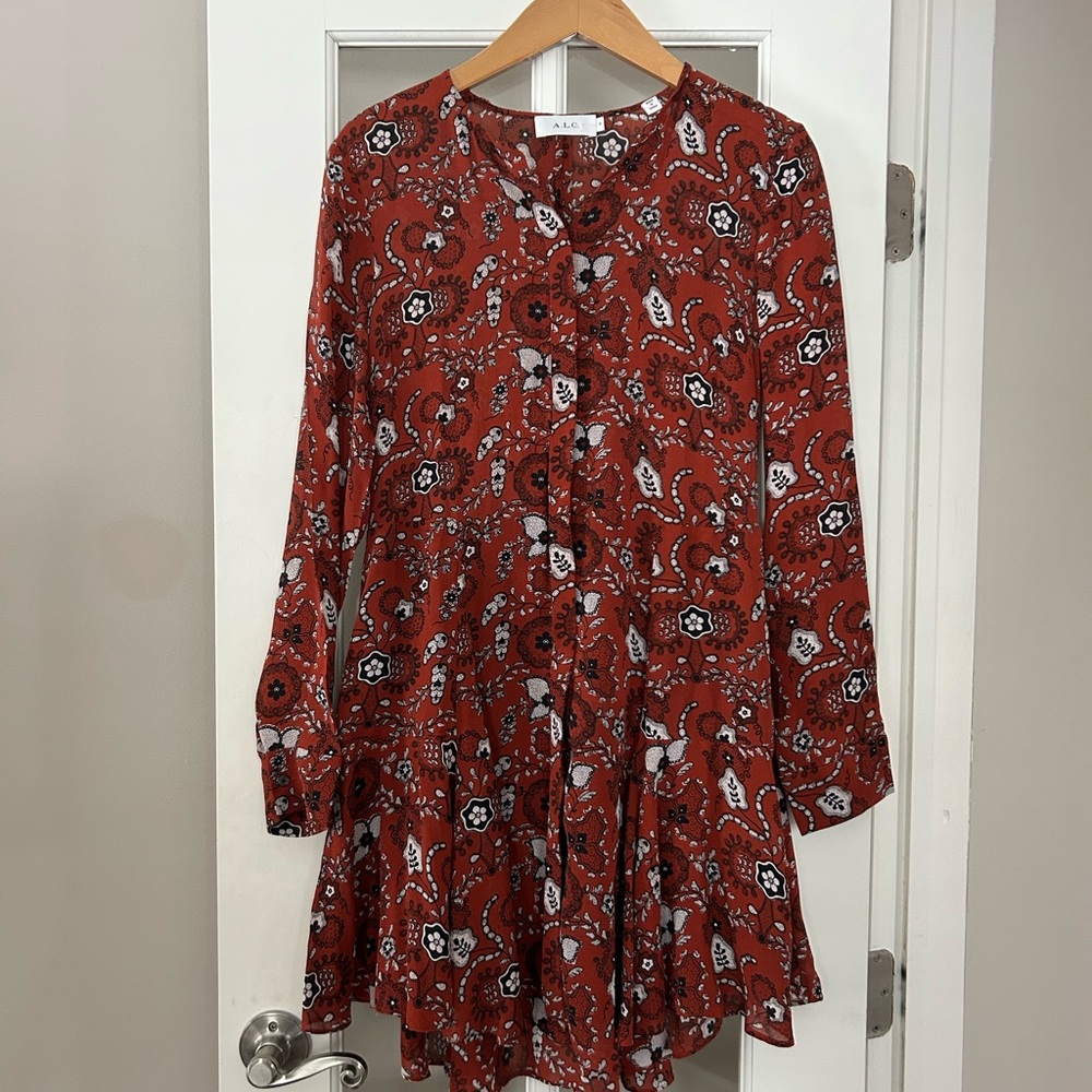 A.L.C Randi Silk Mini Dress Orange Black White Floral Long Sleeve Size 6